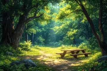 Fototapeta premium Cartoon Picnic Scene with Table in Serene Green Forest Under Sunlit Canopy