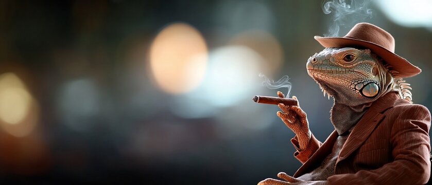 A lizard dressed in a suit, smoking a cigar.