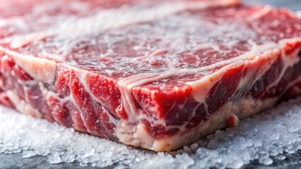 Obraz premium Extreme close-up shot of a frozen raw beef slab, raw, beef, frozen, close-up, meat, fresh, texture, food, ingredient, uncooked, steak