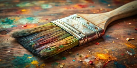 Fototapeta premium Close-up of a used dirty paint brush with dried paint remnants , painting, art supplies, brush, close-up, texture, art, creativity