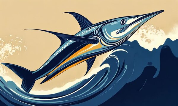 A stylized marlin leaping from a dynamic ocean wave, rendered in a vibrant blue palette.