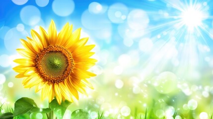 Obraz premium Bright Yellow Sunflower Against a Vibrant Blue Sky Background