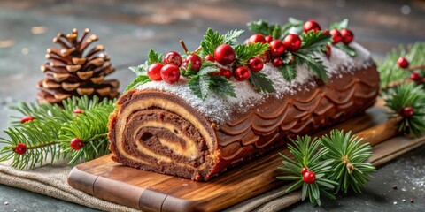 Christmas yule log cake with chocolate cream and festive decoration, Buche de Noel, dessert, Christmas, traditional, holiday