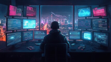 Tech-Savvy Individual in Futuristic Control Center with Neon Lights and City Skyline