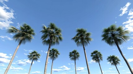 Lush Green Palm Trees Against a Clear Blue Sky with Soft Clouds
