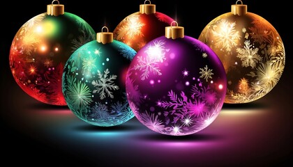 Obraz premium Beautiful colorful Christmas balls with snowflakes scattered, disco ball, glowing neon light, on a sleek black background, creating a festive holiday vibe, xmas tree decoration
