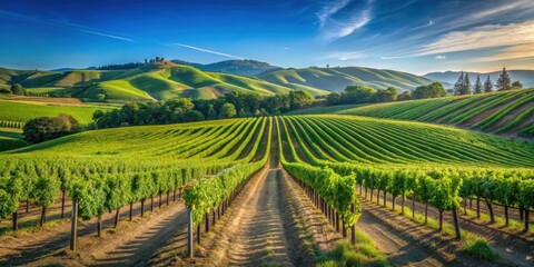 Rolling hills of a lush vineyard with rows of grapevines under a blue sky , vineyard, landscape, agriculture, winery, scenic