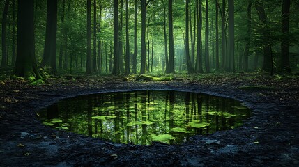 Fototapeta premium Serene forest pool reflecting sunlight and trees.