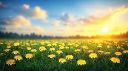 Fresh grass and vibrant yellow dandelion flowers spread across a meadow, under a blurry blue sky with clouds, offering a perfect natural landscape for summer and spring vibes.