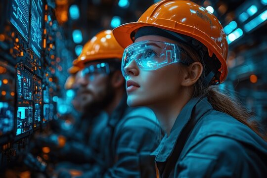 Futuristic Industrial Scene with Construction Workers in High-Tech Manufacturing Environment - Powered by Adobe