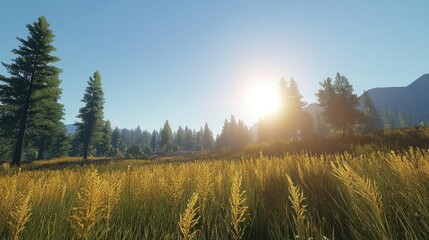 Fototapeta premium Serene Landscape with Golden Grass and Sunlight at Dusk