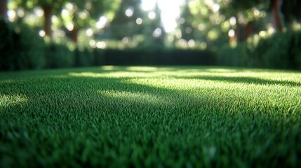 Naklejka premium Green grass and blue sky bokeh abstract background for World Environment Day, illustrating the peaceful coexistence of nature and the need for environmental consciousness.