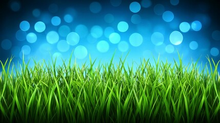 Obraz premium Abstract background with green grass, blue sky, and bokeh lights for World Environment Day, representing the beauty of nature and the collective effort to protect the planet.