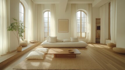 Obraz premium Minimalist living room design cozy apartment interior photography bright natural light modern style serenity and comfort