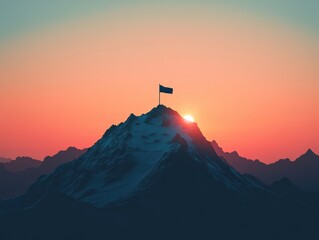 Flag at sunrise atop mountain peak nature landscape outdoor adventure serene environment inspiring viewpoint