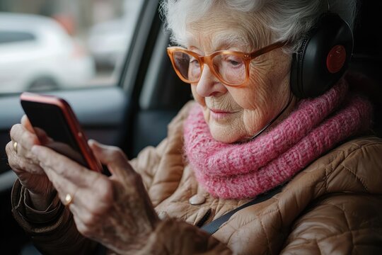 Elderly Woman Driving Alone Using Smartphone for Safe Driving and Independence