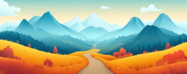 Cartoon-style flat mountain trail scene, triadic color scheme, playful and bright for youth-focused outdoor content, cartoon mountains, playful design