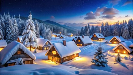 Fototapeta premium Snow-covered village nestled in a winter wonderland, snow, village, winter, cold, icy, houses, cozy, scenic, landscape