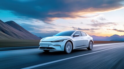 Fototapeta premium Electric Car Driving on Scenic Highway at Sunset