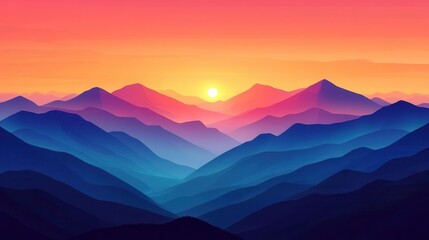 Flat mountain scene with vibrant triadic sunrise, animated light and shadows for dynamic web banners, dynamic mountains, flat vector design