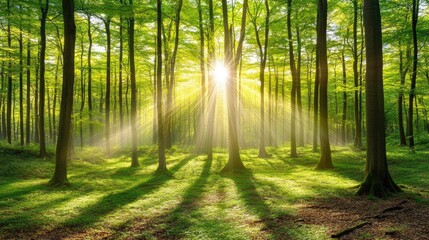 Fototapeta premium Bright Sunlight Breaking Through Leaves in Serene Forest Landscape
