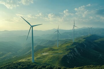 Renewable energy revolution wind turbines on rolling hills nature landscape clear sky perspective sustainable future