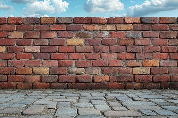 A sturdy brick wall stands tall against a vibrant blue sky, showcasing a mix of red and brown hues.  The cobblestone ground adds texture and depth.