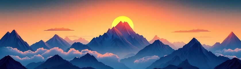 Sunrise over sharp mountain peaks, flat design, triadic color scheme, animated clouds for a serene morning scene, mountain sunrise, flat design