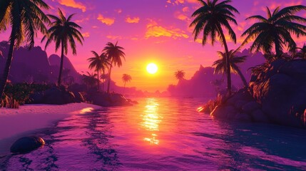 Serene Tropical Sunset Over Calm Water with Palm Trees and Mountains