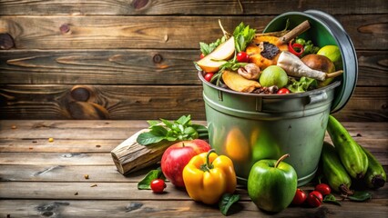 Organic food waste background with bio waste bin, kitchen scraps, compost bin tomato, pear, apple , organic, food waste, kitchen