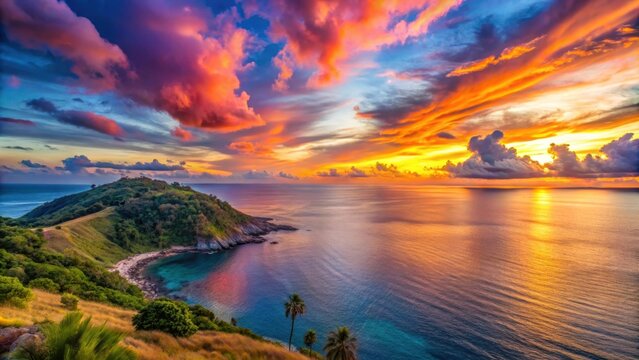Aerial view of colorful clouds in stunning sunset above the sea at Laem Phrom Thep Viewpoint