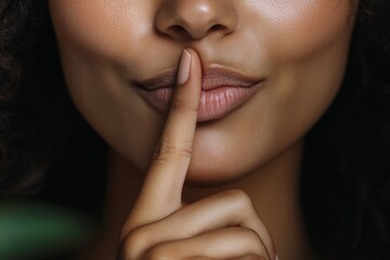 A woman with a black hair is holding her hand over her mouth