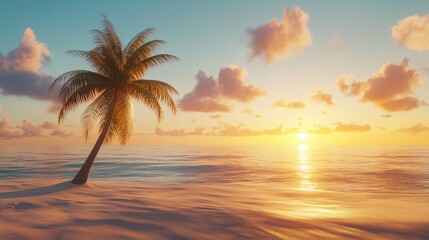 Serene Sunset Over Calm Ocean with Tropical Palm Tree Island