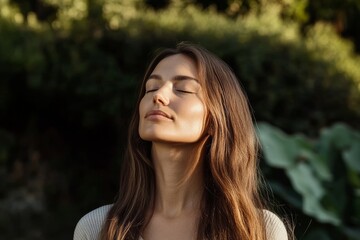 Naklejka premium A woman with long brown hair is sitting in the sun