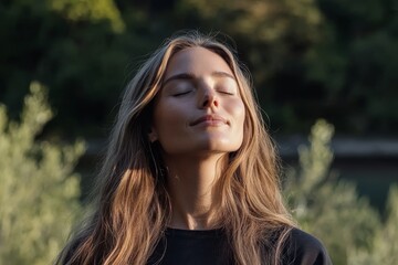 Obraz premium A woman with long brown hair is sitting in the sun