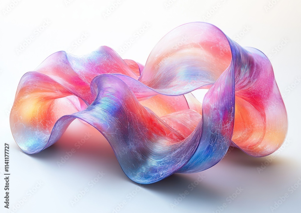 Poster iridescent transparent ribbons in 3d render with minimalist white background