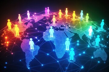 Global connectivity through digital networks people interacting in a virtual world infographic view modern technology concept
