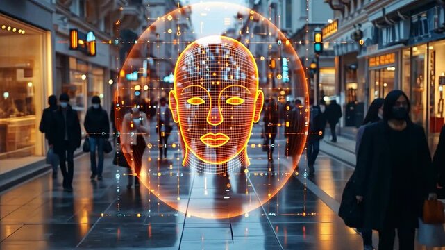 A lively city street features a digital human face in the shopping district