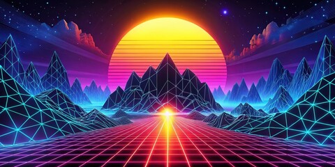80s retro futuristic sci-fi landscape with neon lights, low poly terrain, mountains, sun, stars
