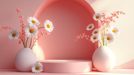 E-commerce product exhibition booth with floral background