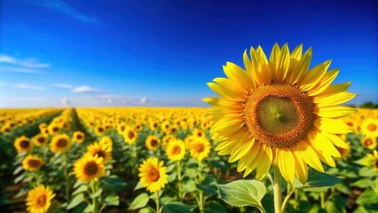 Bright yellow sunflower field against a clear blue sky in a rural landscape, Sunflower, flowers, yellow, blue sky, rural