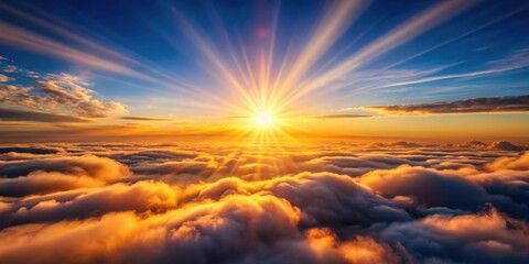 Obraz premium of sunset sun rays shining above the clouds, sunset, sun rays,above, clouds, sky, beautiful, nature, sunlight, landscape, scenic