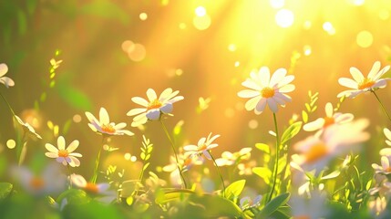 Sunlit Meadow with White Flowers and Sparkling Bokeh Effects