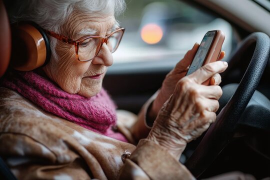 Elderly woman driving car alone holding smartphone while scrolling safe driving for seniors responsible transportation