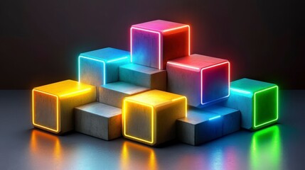 Fototapeta premium Abstract 3D concrete cubes in a dynamic arrangement, lit by vibrant neon lights, offering a modern, architectural aesthetic with a focus on geometric shapes and futuristic design.