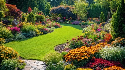 Lush Garden Landscape Blooming Flowers Green Grass Landscaping Design