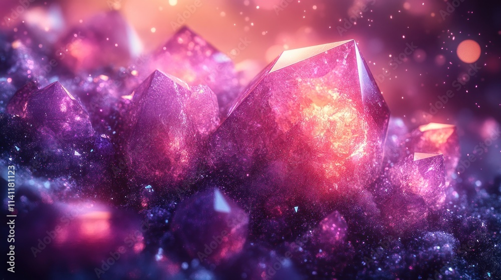 Poster shimmering abstract purple background with crystals and triangles