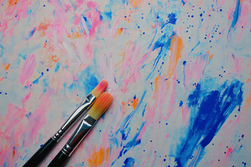 Obraz premium Paintbrushes and Paint on Colorful Canvas Background Top View