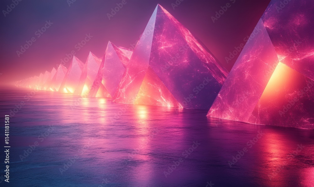 Poster futuristic abstract scene with translucent geometric shapes and neon lights