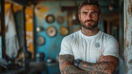 Confident Male Volunteer with Tattoos in Rustic Background